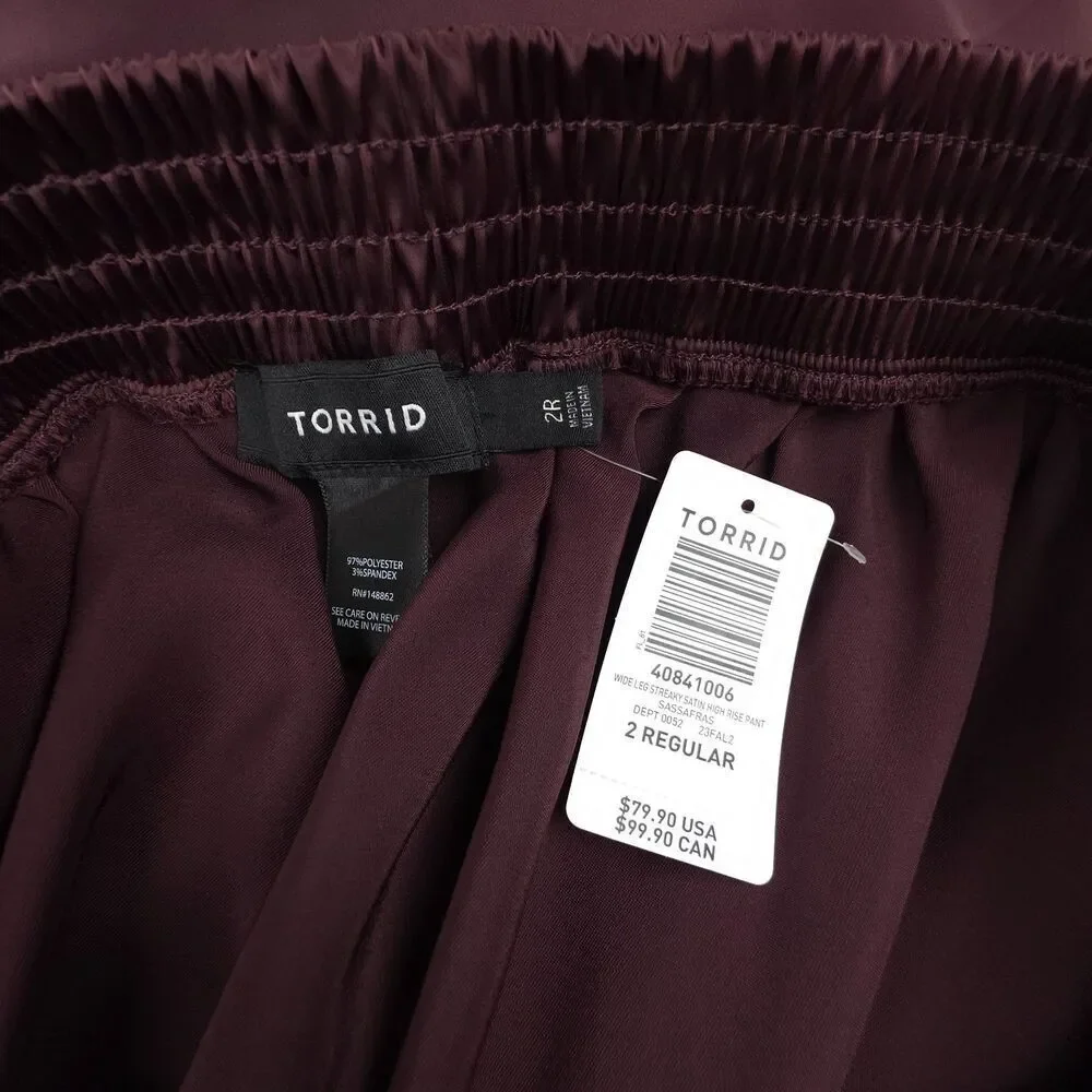 NWT Torrid Madison Satin Button-Up Long Sleeve Shirt Wide Leg Pant Set Burgundy